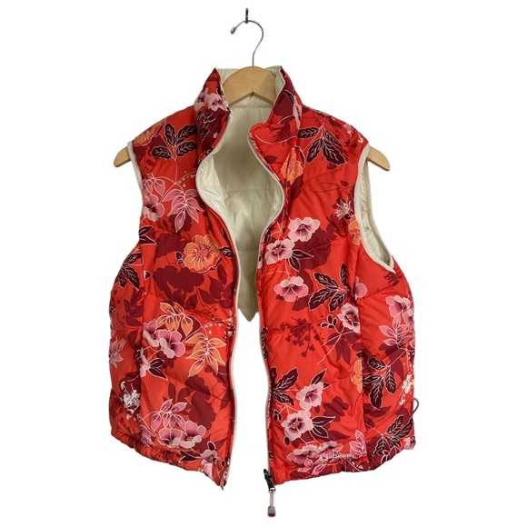 LL Bean Reversible Coral Floral Cream Down Puffer Vest Size Medium - Picture 10 of 15